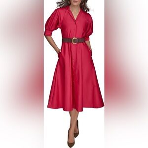 DONNA KARAN Audacious Pink Cotton Sateen Midi Shirtdress Collared Puff Sleeve 2